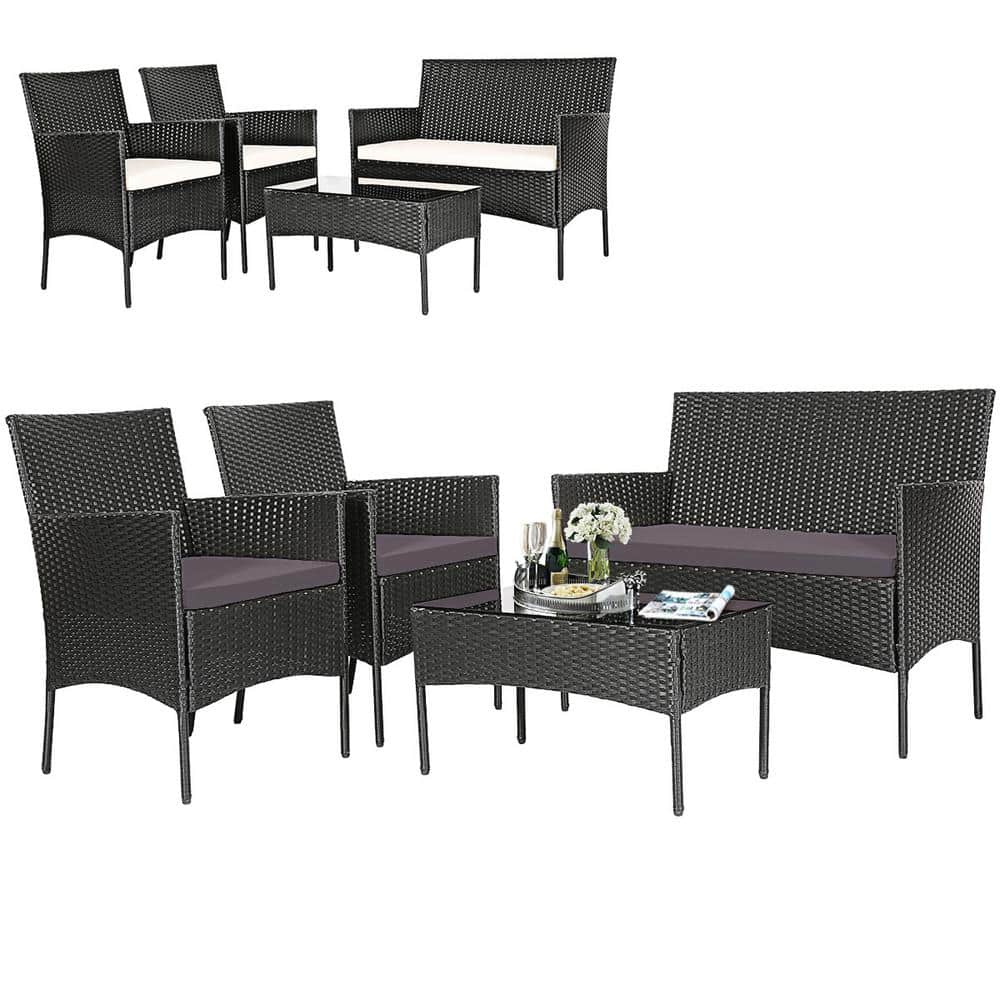 Gray and Off-White 4-Person Rattan Outdoor Sofa Set with Tempered Glass Table