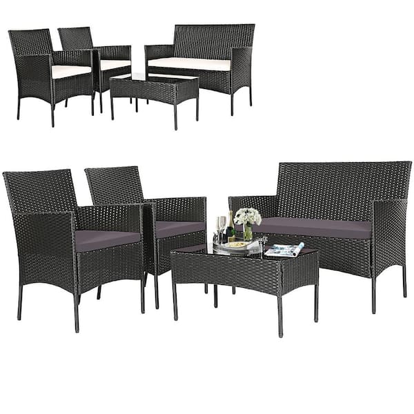 ANGELES HOME 4-Piece Patio Conversation Set with Tempered Glass Coffee Table and Gray & Off White Cushion