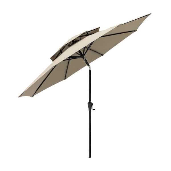 FLAME&SHADE 9 ft. Double Top Aluminum Market Tilt Patio Umbrella for Outdoor in Taupe Solution Dyed Polyester
