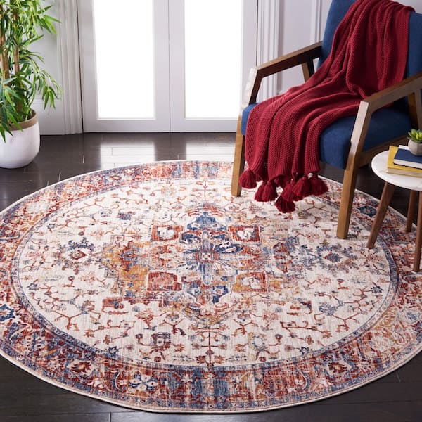 Heirloom 7 ft. x 7 ft. Ivory/Blue Rust Border Distressed Round Area Rug