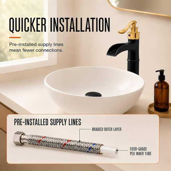 Single Handle Waterfall Vessel Sink Faucet with Drain Kit Included in Matte Black & Gold