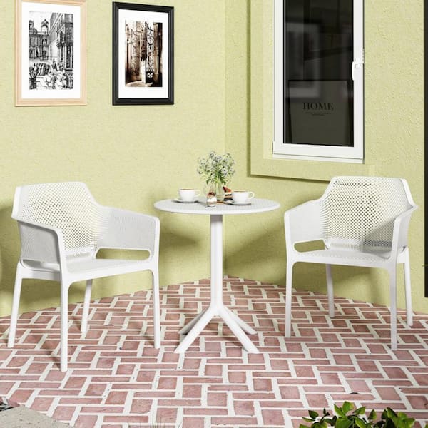 Unbranded 3-Piece Ocean Plastic Round Arm Outdoor Bistro Set in White