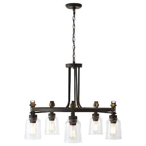 Knollwood 30 in. 5-Light Black Bronze with Brass Accents Industrial Round Chandelier for Kitchens