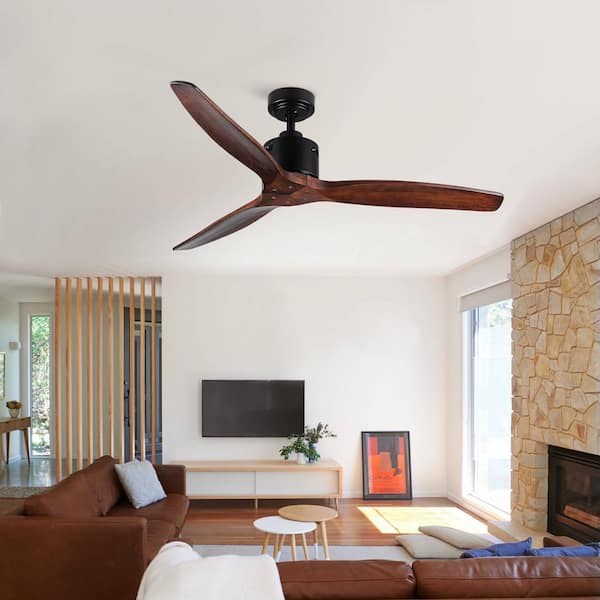 52 in. Mid-Century Black Housing Walnut Downrod Mount Ceiling Fan with 3 Solid Wood Blades,Reversible Motor for Bedroom