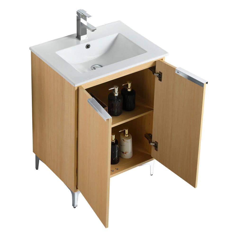 Natural Oak 24" Bathroom Vanity with White Ceramic Sink