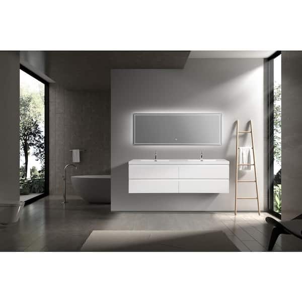 72 in. W Floating Double Sink Bath Vanity in Glossy White with Gloss White Resin Top