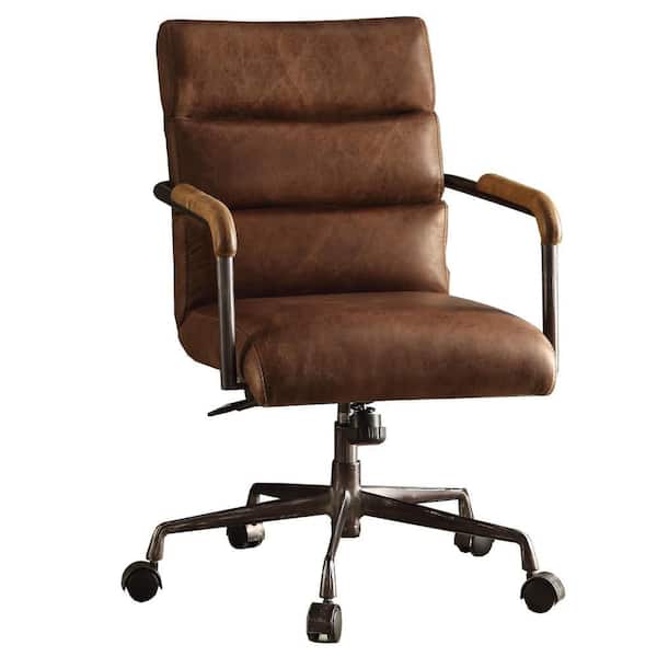 Benjara Retro Brown Metal and Top Grain Leather Executive Office