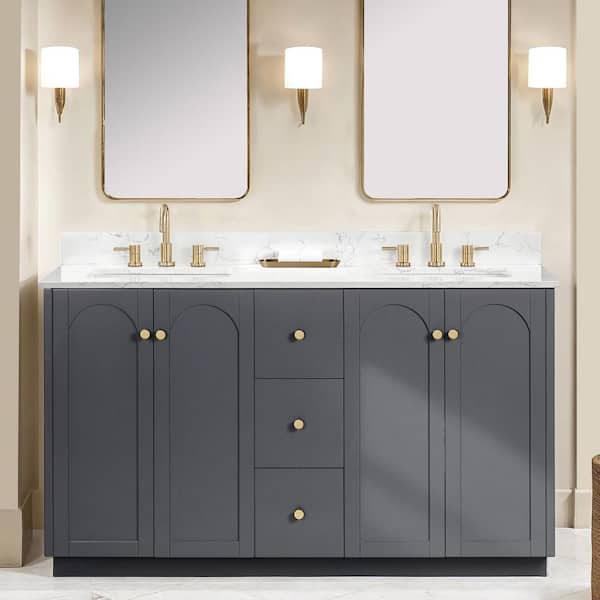 Anabelle 60 in. Double Sink Charcoal Grey Bath Vanity with Engineered Carrara Marble Top (Assembled)