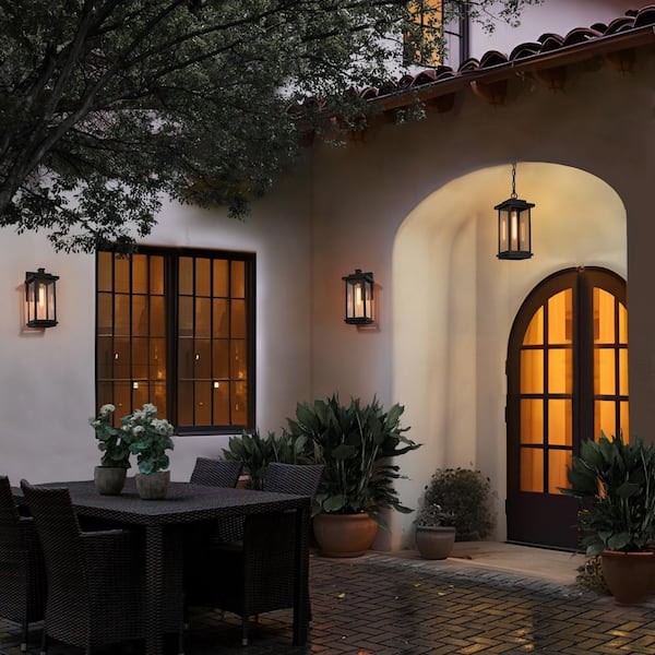 Modern 15 in. 1-Light Black Dimmable Outdoor Pendant Light with Clear Glass Shade, Porch Hanging Lantern, LED Compatible