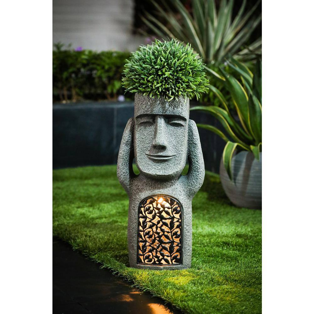 Gray Easter Island Solar Garden Statues with Planters, Set of 3