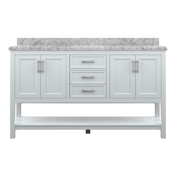 Everett 61 in. W x 22 in. D x 36 in. H Double Sink Freestanding Bath Vanity in White with Carrara Marble Top
