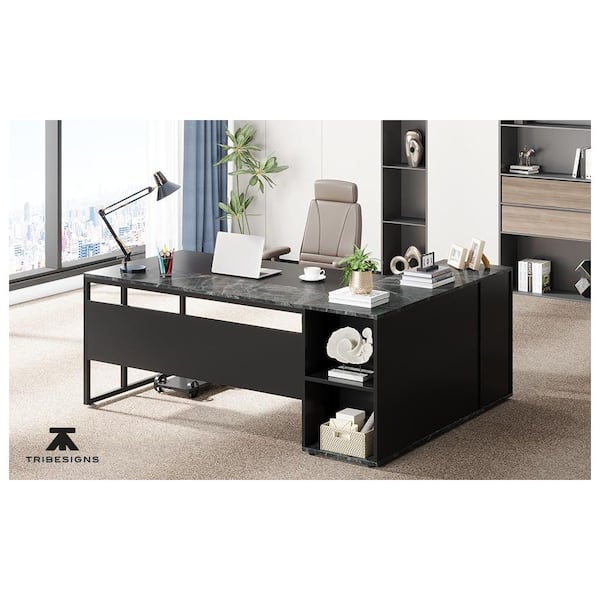 BYBLIGHT Lanit 71 in. L-Shaped Faux Marble Finished Black