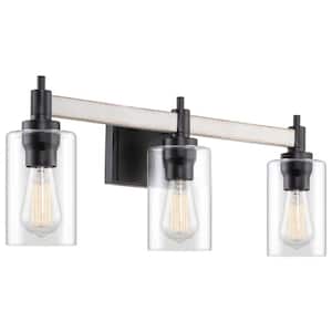 Theo 25 in. 3-Light Matte Black/White Ash Wood Style Farmhouse Vanity Light with Clear Shade, No Bulb Included