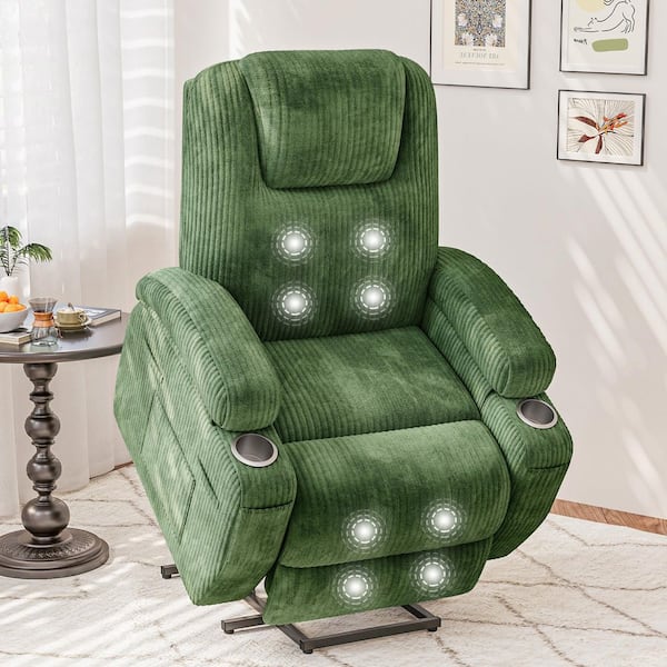 LACOO Power Lift Recliner with Massage Function for Elderly, Classic Single Sofa with 2-Cup Holders, Green Corduroy