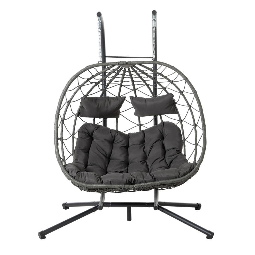 Gray 2-Person Wicker Porch Swing Egg Chair with Stand Indoor Hanging Basket