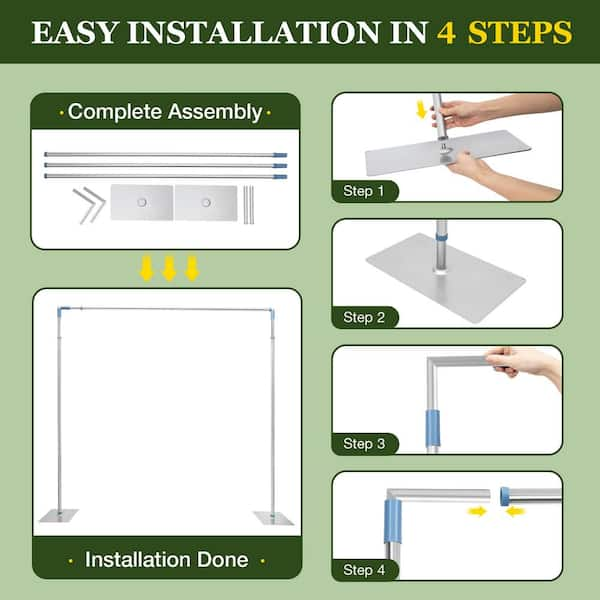 Yiyibyus 118 in. x 118 in. Stainless Steel Professional Backdrop Stand Pipe Kit Height Adjustable Wedding Party Garden Arbor, Silver