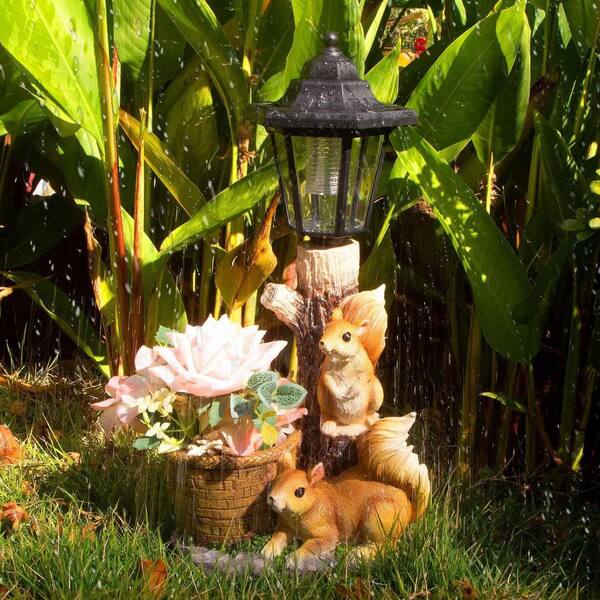 7 in. x 15 in. Brown Resin Solar Squirrels Outdoor Garden Statue
