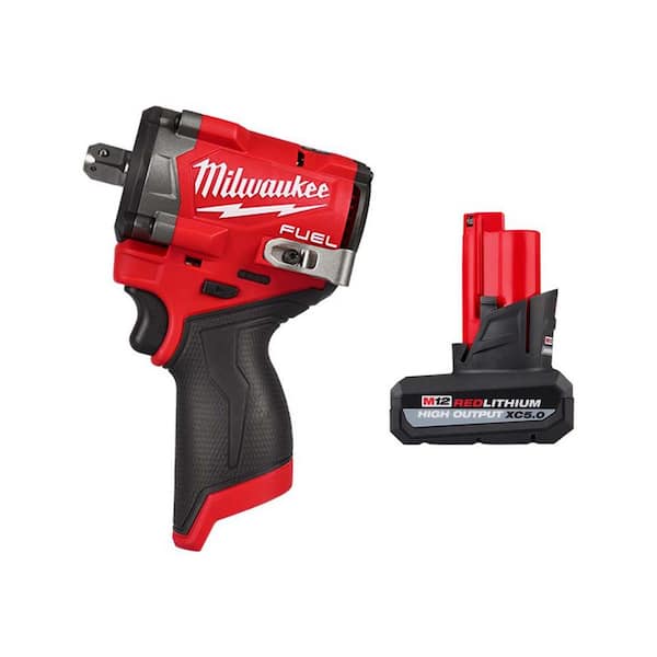 M12 FUEL 12V Li-Ion Brushless Cordless Stubby 1/2in. Impact Wrench with Pin Detent with M12 XC High Output 5.0Ah Battery