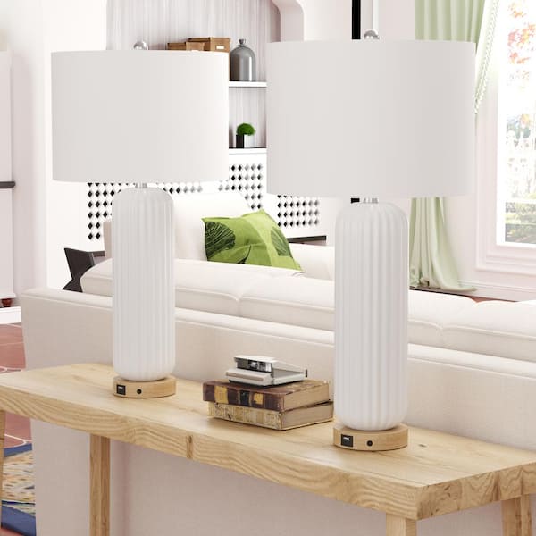 Sacramento 28-In White Ceramic Table Lamp with USB Port and White Linen LampShade (2-Pack)
