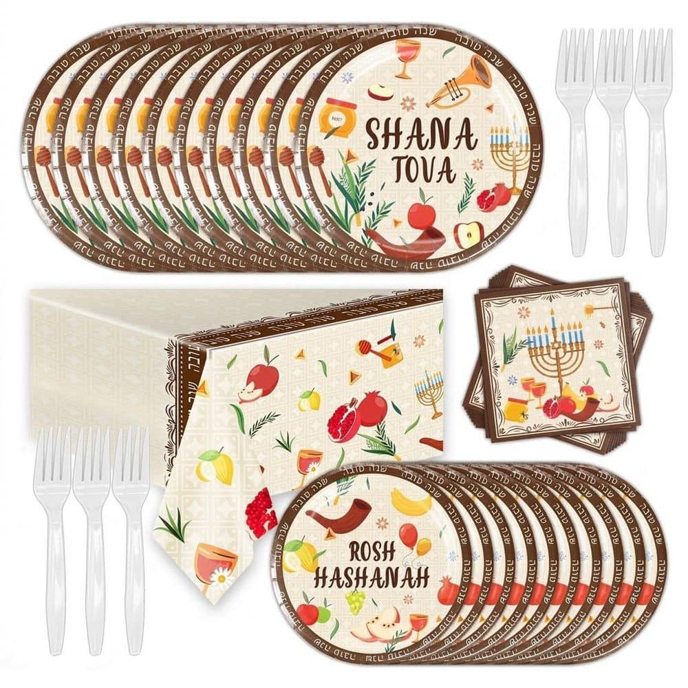 Jewish New Year Party Tableware Set with 24 9-in and 7-in Plates Napkins Forks and Tablecloth for Rosh price history on PriceWatchPro