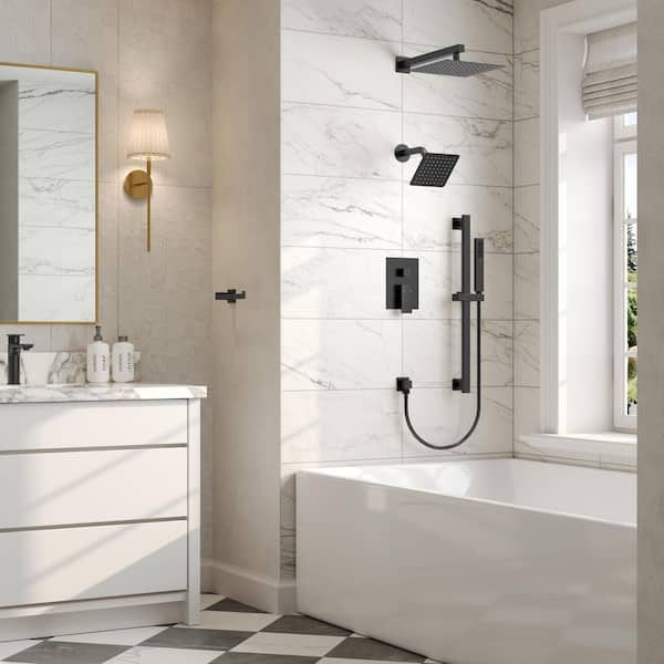 3 in. 1 square, Showers with Valve 3-Spray Dual Wall Mount 10 in. Fixed and Handheld Shower Head 2.5 GPM in Matte Black