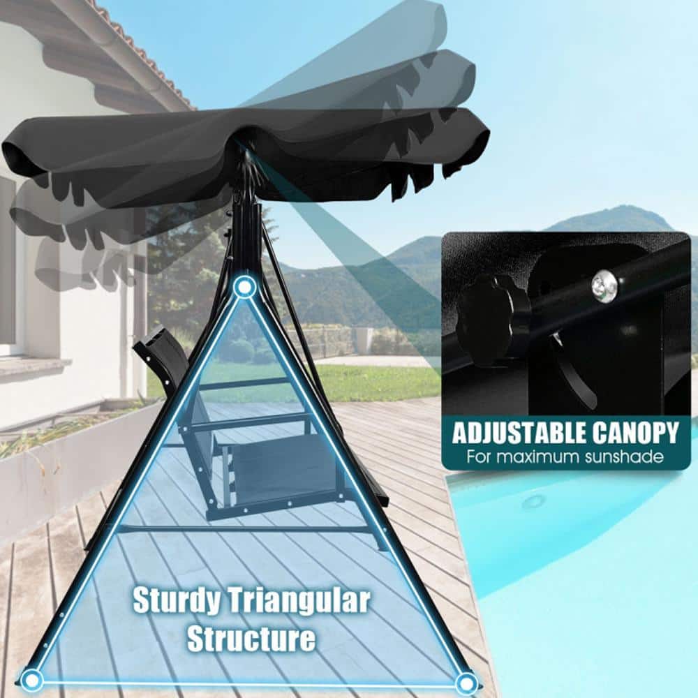 Black Powder Coated Steel 3-Person Outdoor Patio Swing with Adjustable Canopy