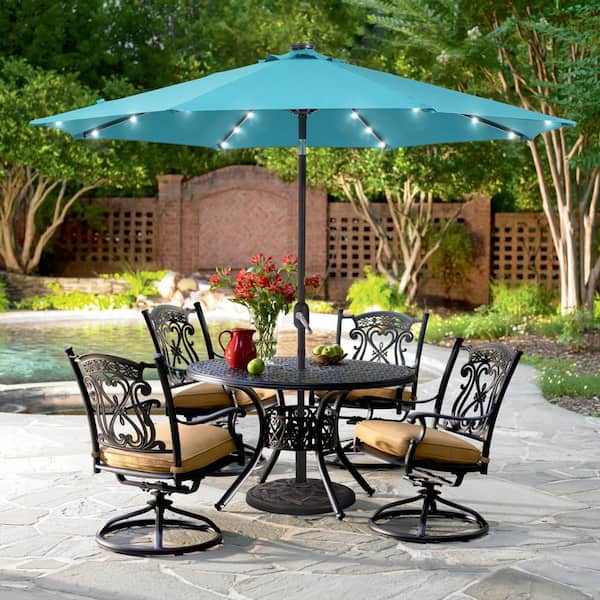 Sonkuki 9 ft. Solar Lighted LED Outdoor Patio Market Table Umbrella in Lake Blue, UV-Resistant Canopy and Tilt Button