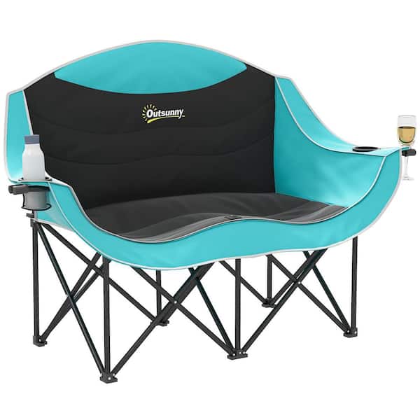 Double Camping Chair, Padded Folding Camp Chair for 2 Person with Armrest, Holder, Carry Bag, up to 551 lbs., Green