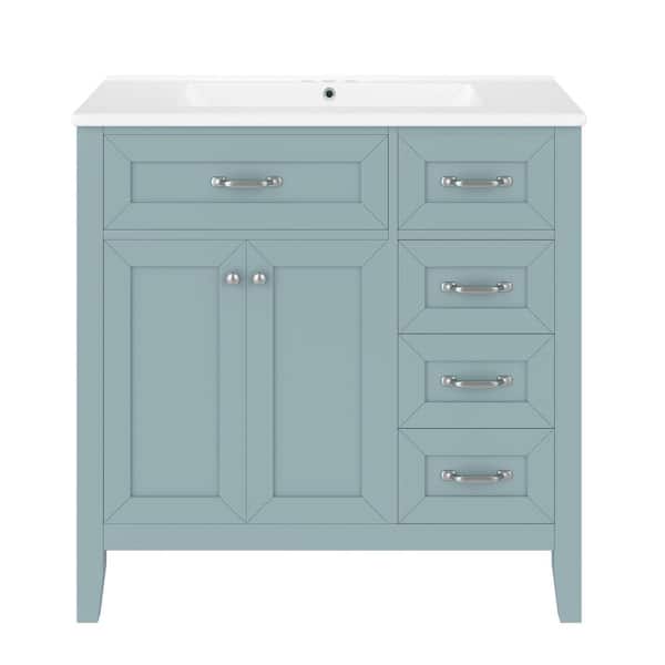 36 in. W Solid Wood Frame Green Stylish Bath Vanity with White Ceramic Top, 3 Drawers and Metal Handles