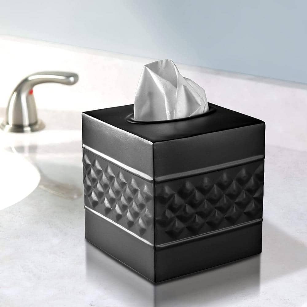 Black Geometric Embossed Metal Square Tissue Box Cover