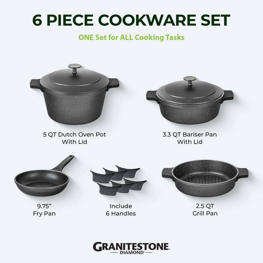 6-Piece Heavy Duty Nonstick Cast Aluminum Nesting Cookware Set