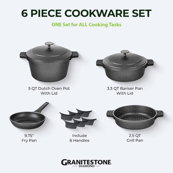 Granitestone 6 Pc Stackable Pot Set, Nesting Non Stick Pots with Lids,  Cooking Pots Set, Stock Pot Set with 1.5/3 / 5 Qt Pots with Lids, Induction