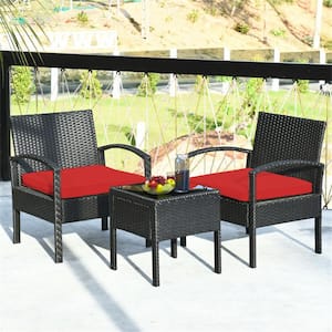 3-Piece Metal Frame Outdoor Bistro Set PE Rattan Patio Conversation Set with Red Seat Cushions and Coffee Table