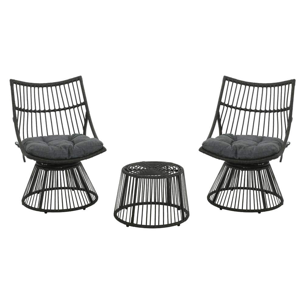 Gray Faux Rattan 2-Person Outdoor Chat Set with Cushions