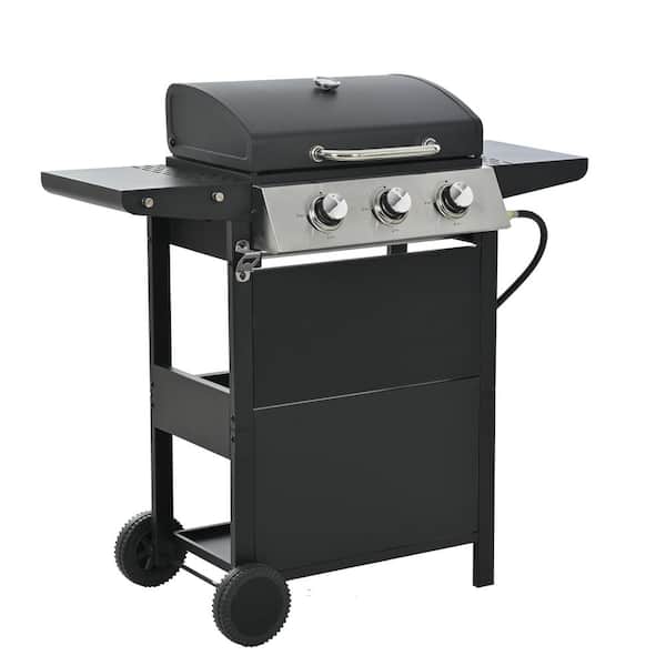 Zeus & Ruta 3-Burner Stainless Steel Barbecue Grill Propane Grill with Side Burner and Thermometer in Black