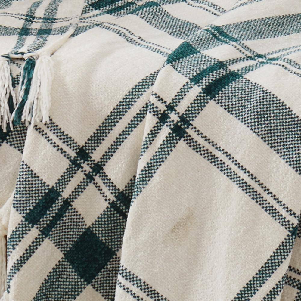 Green and Ivory Plaid Chenille 50x70 Reversible Throw with Fringe