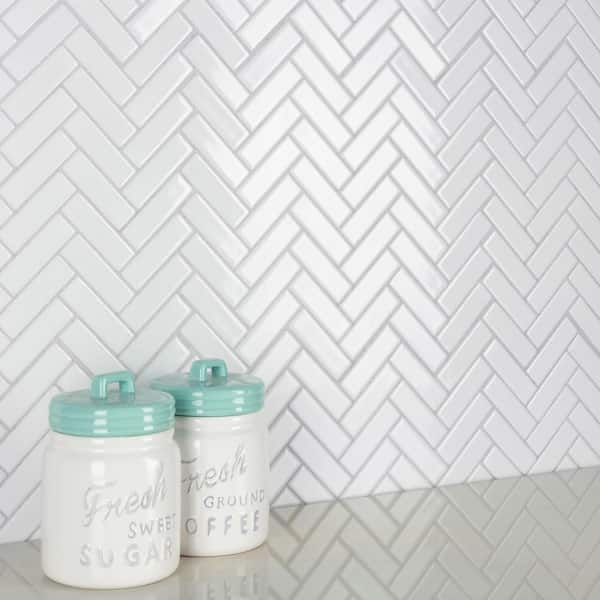 Metro Brick Herringbone Glossy White 6 in. x 6 in. Porcelain Mosaic Take Home Tile Sample