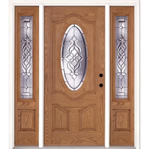 63.5 in. x 81.625 in. Lakewood Zinc 3/4 Oval Lite Stained Light Oak Left-Hand Fiberglass Prehung Front Door w/Sidelites