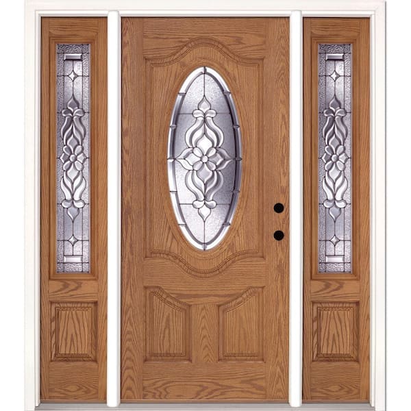 Feather River Doors 63.5 in. x 81.625 in. Lakewood Zinc 3/4 Oval Lite Stained Light Oak Left-Hand Fiberglass Prehung Front Door w/Sidelites