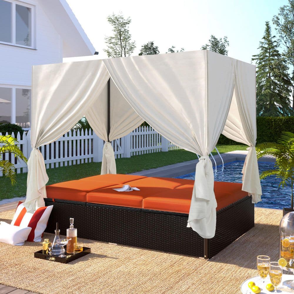 Outdoor Patio Wicker Day Bed with Orange Cushions and Adjustable Seats