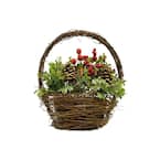 12 in. Pine Cones Berries and Boxwood in Twig Basket Christmas Tabletop Decoration