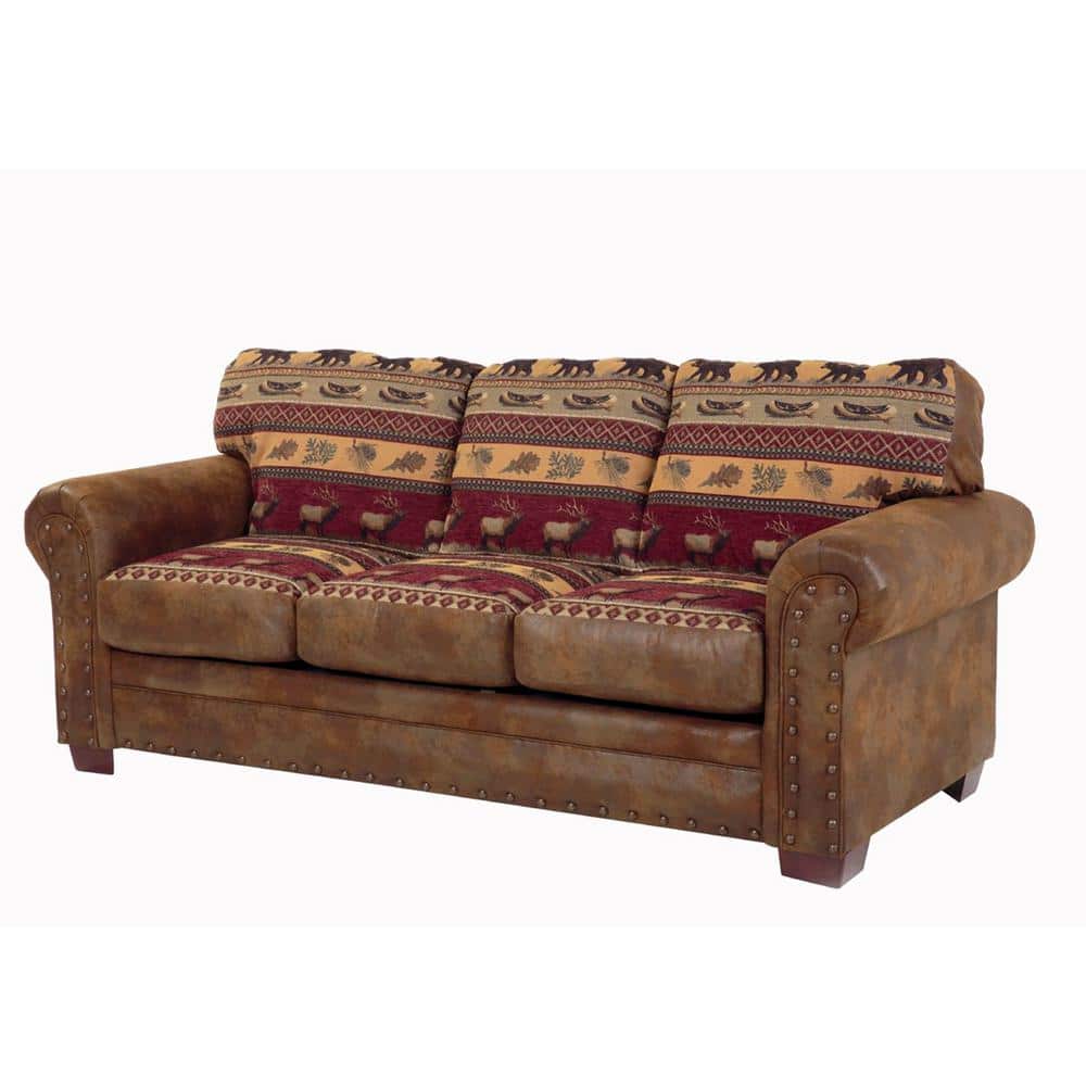 American Furniture Classics Sierra Lodge 88 in. Brown/Red Pattern Microfiber 4-Seater English Rolled Arm Sofa with Nailheads -  1-8503-10