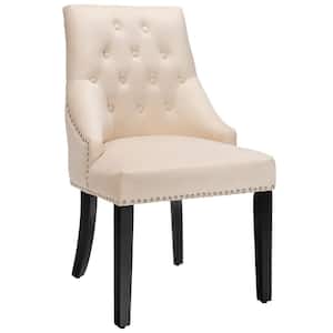 Velvet Dining Chair Beige Upholstered Tufted Armless with Nailed Trim and Ring Pull