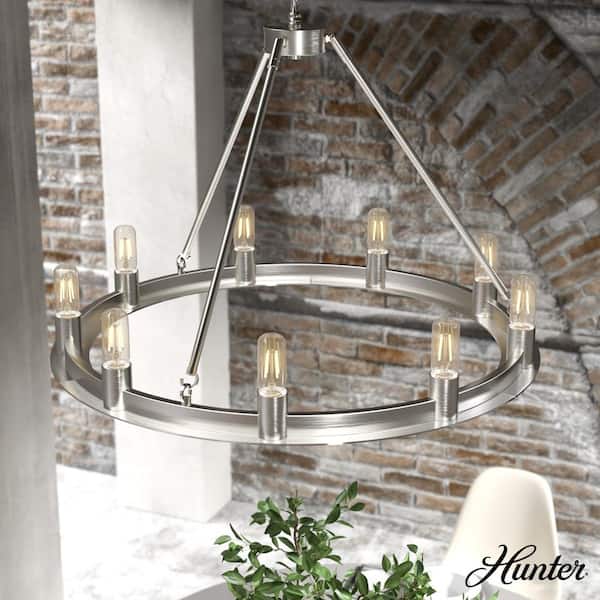 Hunter Saddlewood 9-Light Brushed Nickel Wagon Wheel Chandelier