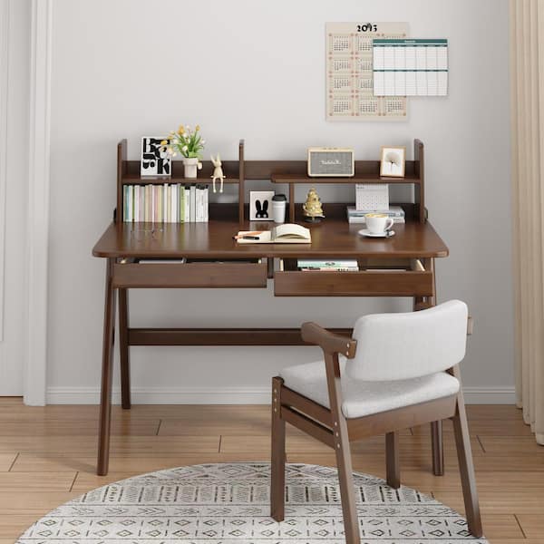 2-Piece Rubber Wood Top Brown Kids Study Desk Sets with Bookshelf, Study/Writing Table for Bedroom Home Office