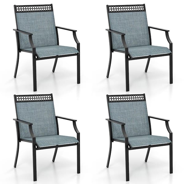 Gymax Patio Dining Chairs Outdoor Chairs with High Back and Armrests in Blue (Set of 4)