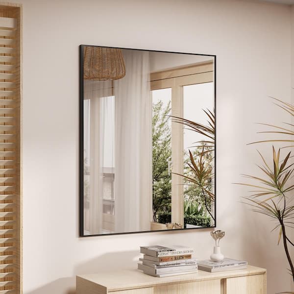 42 in. W x 36 in. H Large Rectangular Right angle Aluminum Alloy Framed Wall Mounted Bathroom Vanity Mirror in Black