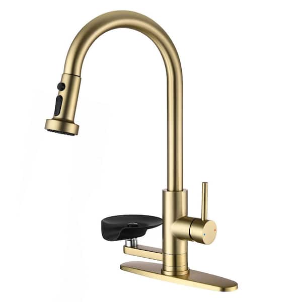 17.71 in. H Pull Down Sprayer Kitchen Faucet with Press-Type Glass Rinser in Brushed Gold