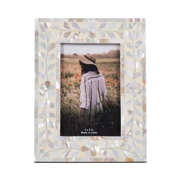 Liv & Skye Ivory 4 in. x 6 in. Resin Mother of Pearl Inlay Vine Photo Frame