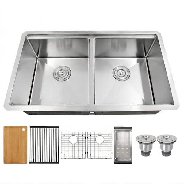 32 x 19 Inch Undermount Double Bowl Kitchen Sink Workstation - 16 Gauge Stainless Steel with Full Unit